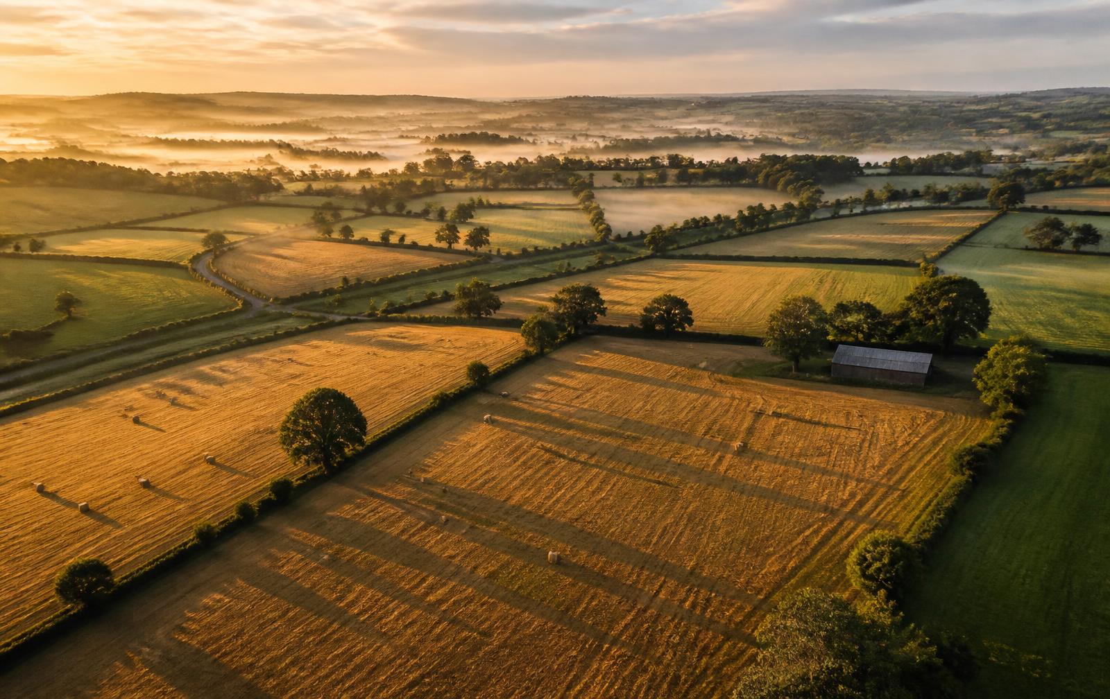 Aerial view of UK farmland at sunrise with straw bales